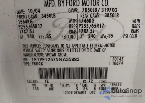 2005 Ford F-150 Xl/Xlt z USA, uszkodzony, nr VIN 1FTPF12575NA35883